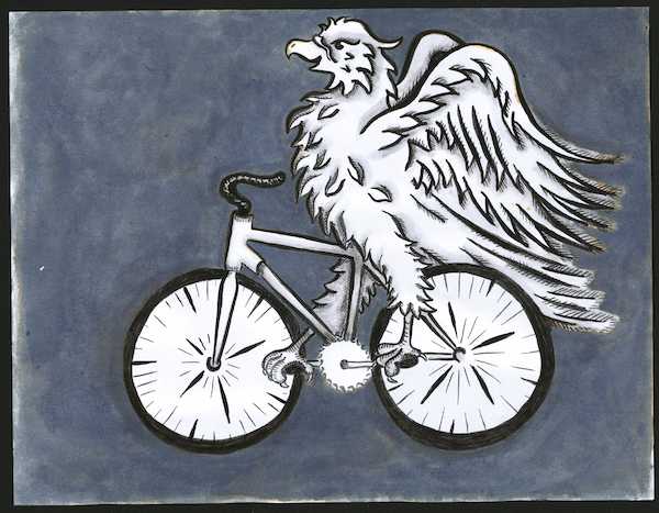 Illustration of an eagle riding a bicycle.