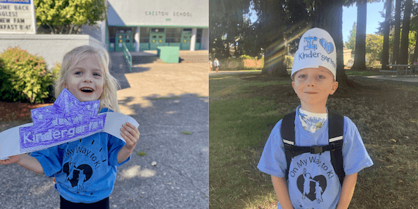 Kindergarteners on their first day of school wearing "I love Kindergarten" hats.